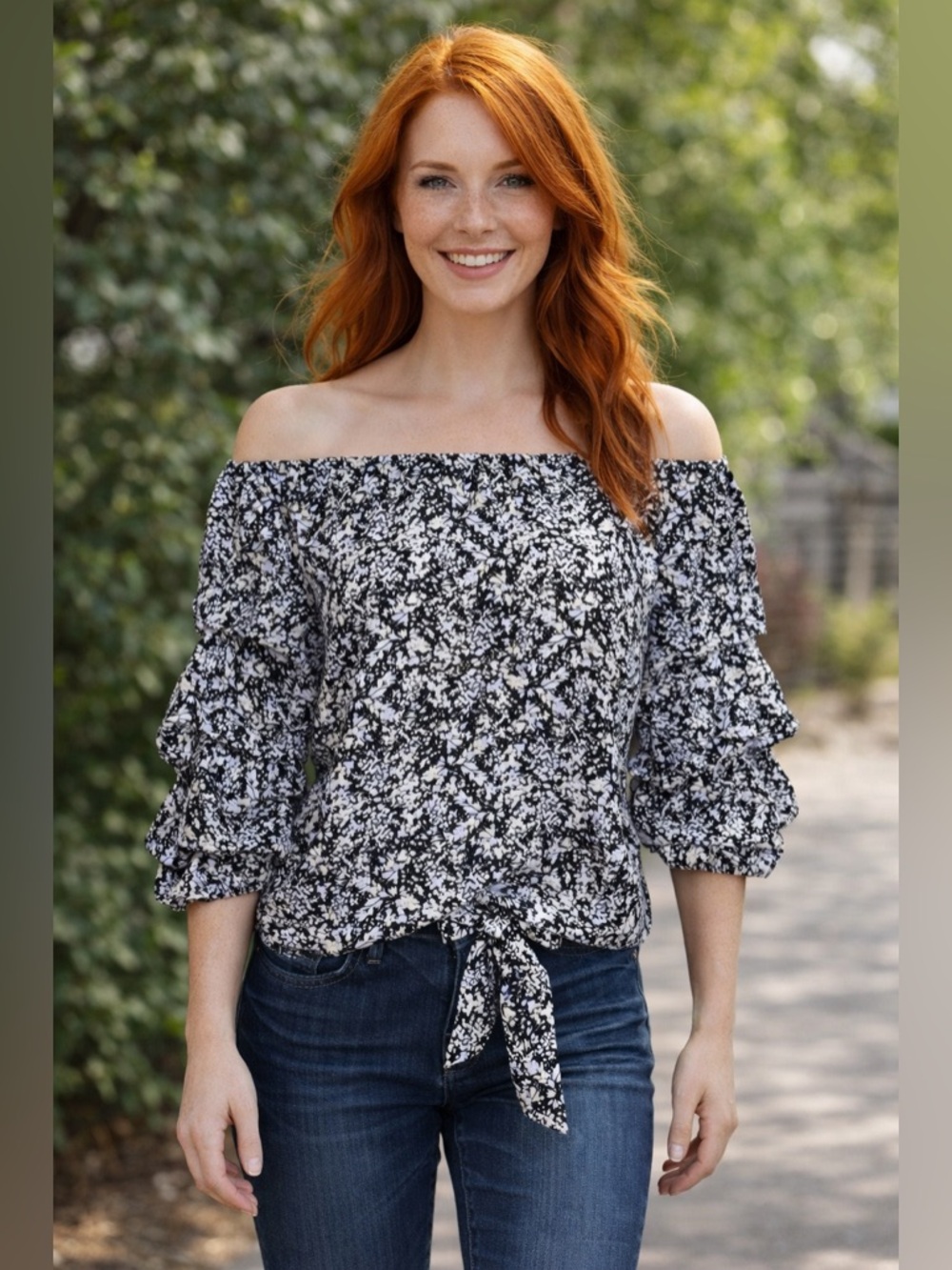 CECE - Floral Off-The-Shoulder Lantern Sleeve Blouse with front tie. Medium.